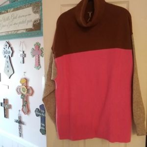 Free People Sweater XS Softly Structured Brown Pink Gray Colorblock Turtleneck